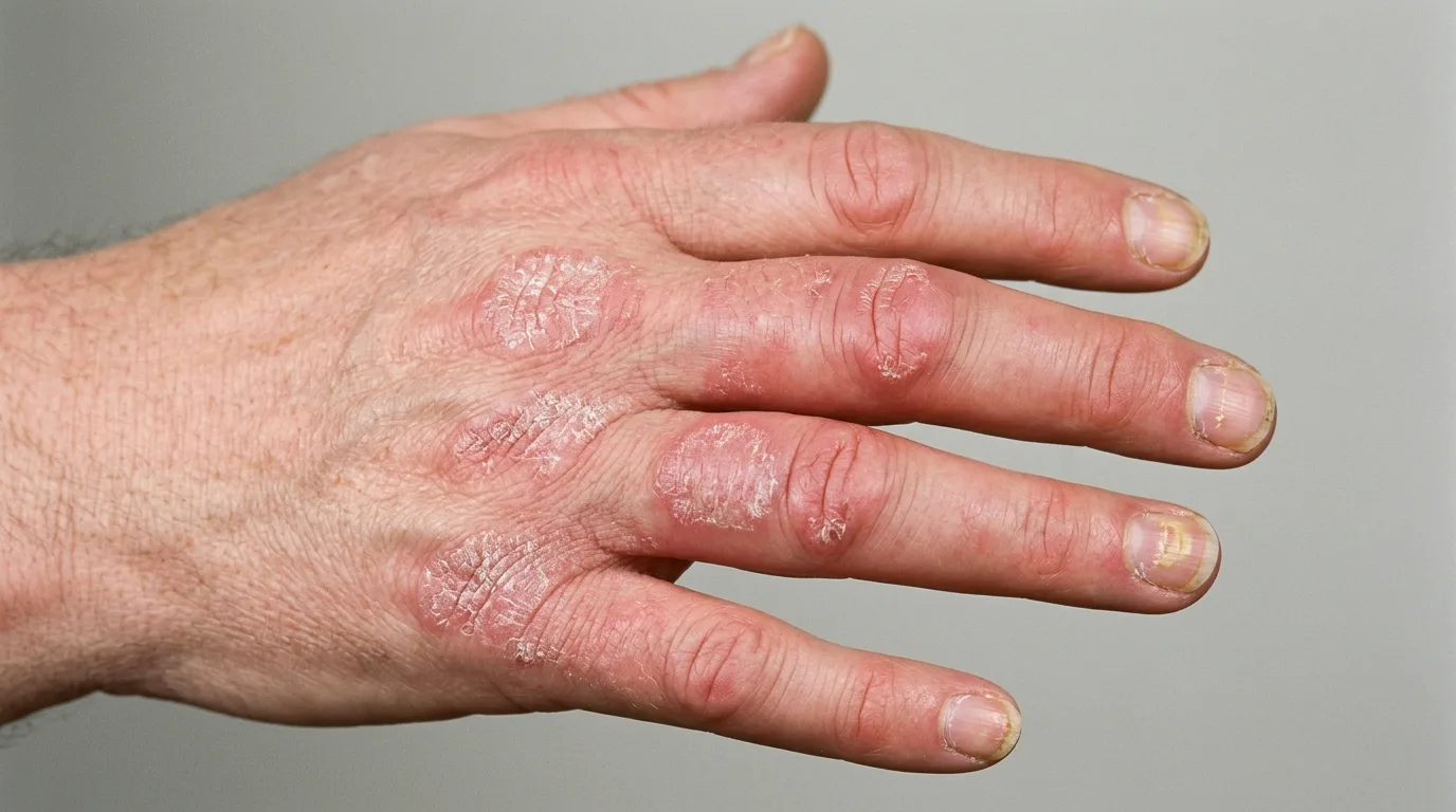 Doigts en saucisse et plaques de psoriasis sur les mains - arthrite psoriasique