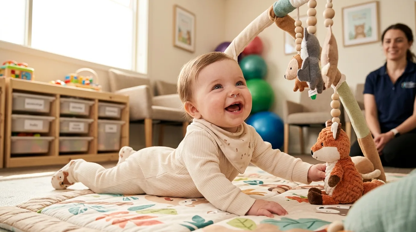 Bébé respirant normalement et jouant après guérison de la bronchiolite