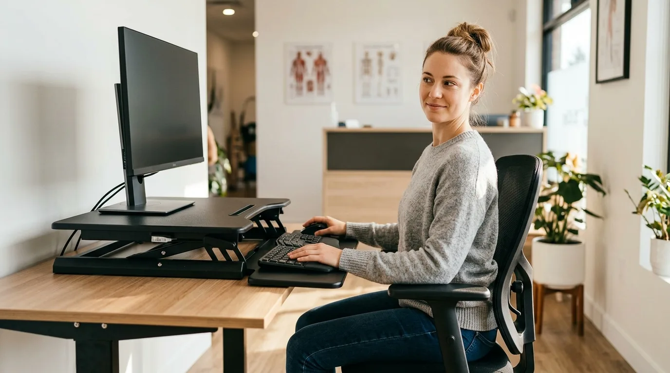 Personne avec une bonne posture cervicale au bureau après traitement de la cervicalgie