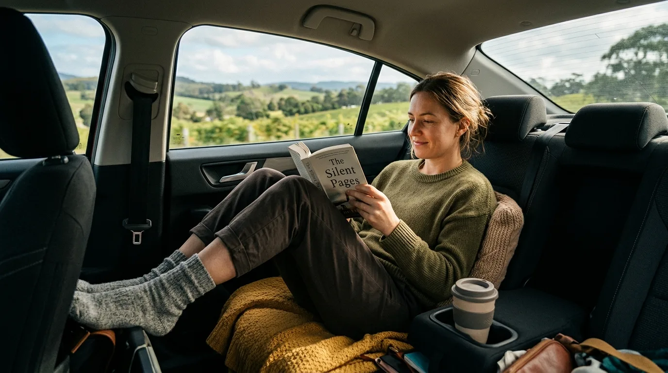 Personne lisant en voiture sans nausée après traitement de la cinétose