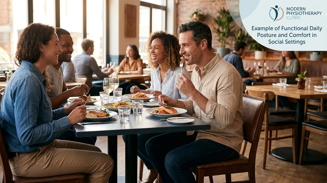 Personne assise confortablement au restaurant après traitement de la coccygodynie