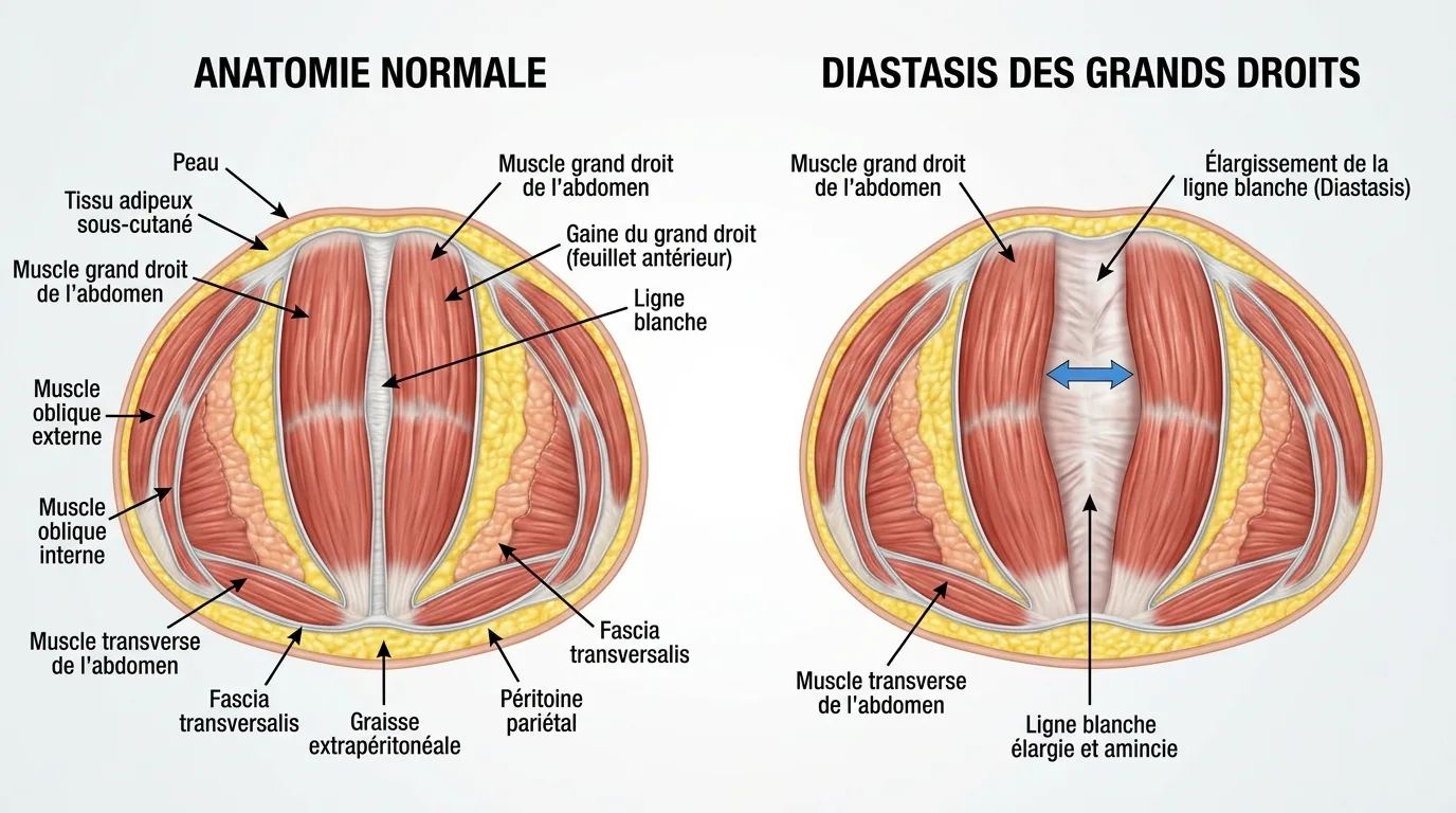Illustration anatomique 3D du diastasis des grands droits montrant la séparation des muscles abdominaux