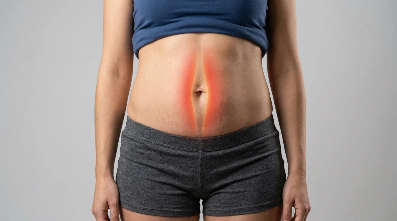 Séparation visible de la ligne médiane abdominale dans le diastasis des grands droits post-partum