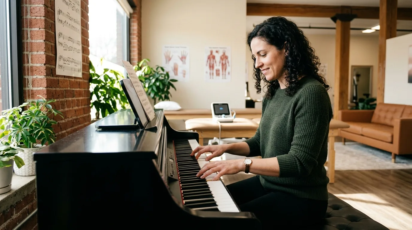 Personne jouant du piano avec des doigts libres après traitement du doigt à ressaut
