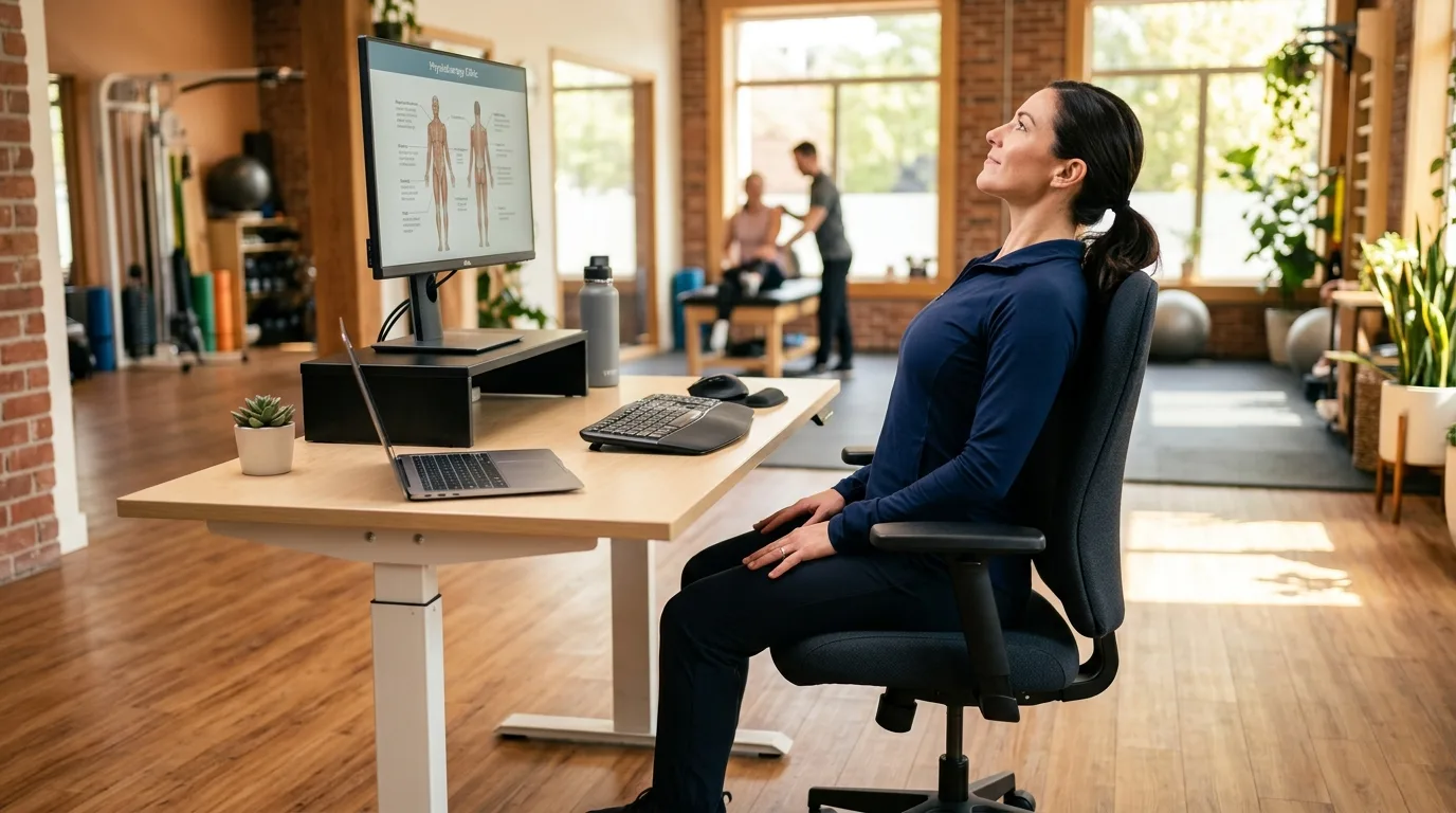 Personne avec bonne posture dorsale au bureau debout après traitement de la dorsalgie