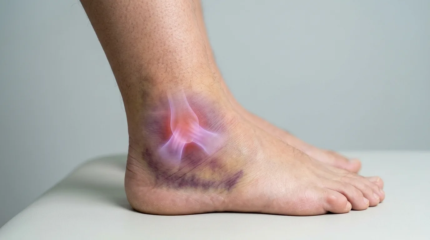 Cheville gonflée et ecchymosée après entorse du ligament latéral