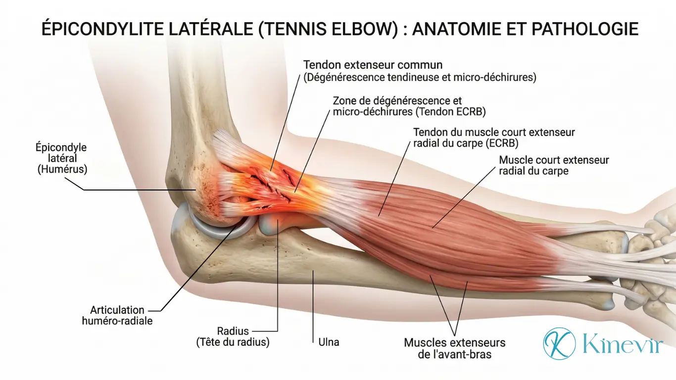 Illustration anatomique 3D des tendons extenseurs endommagés dans l'épicondylite latérale
