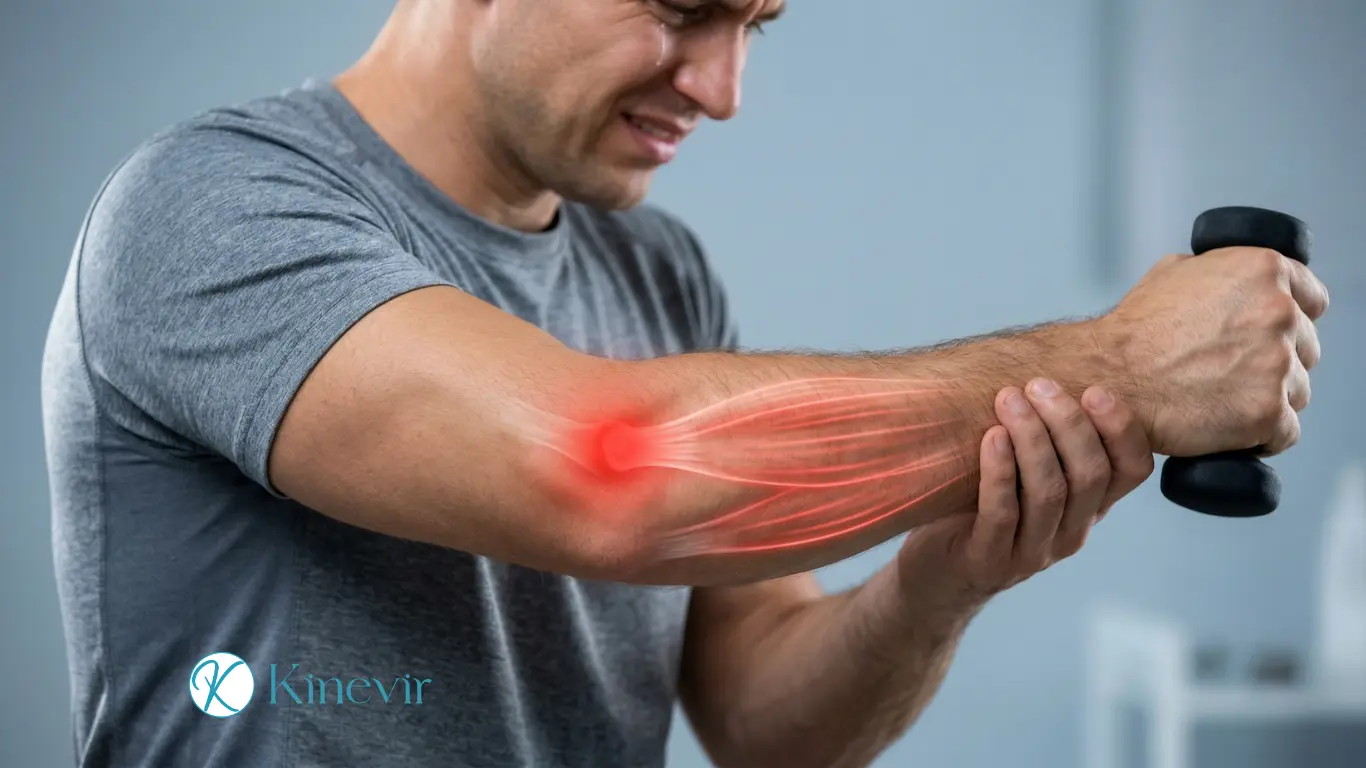 Douleur sur la face externe du coude typique de l'épicondylite latérale (tennis elbow)
