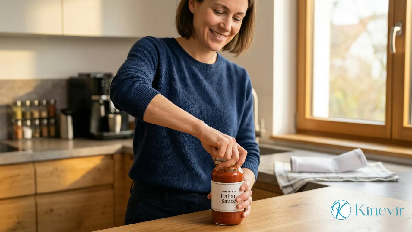 Personne ouvrant un bocal sans douleur après traitement de l'épicondylite latérale