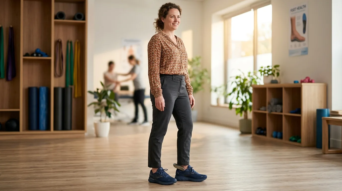Personne portant des chaussures adaptées sans douleur au talon après traitement de l'épine calcanéenne