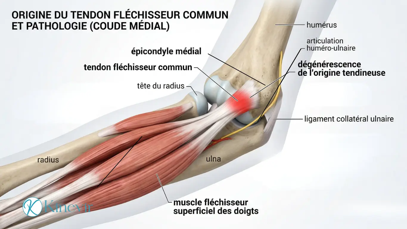 Illustration anatomique 3D des tendons fléchisseurs endommagés dans l'épitrochléite
