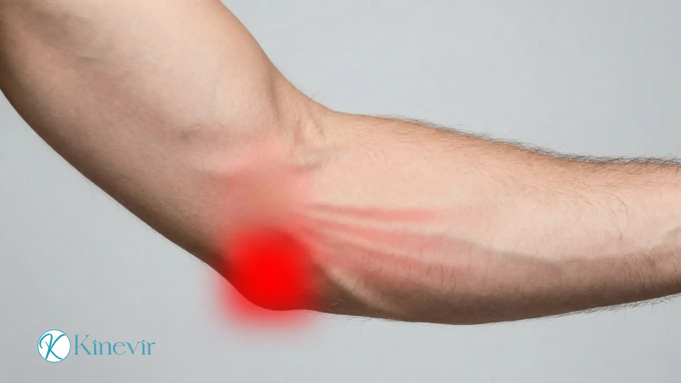 Douleur sur la face interne du coude typique de l'épitrochléite (golfer's elbow)