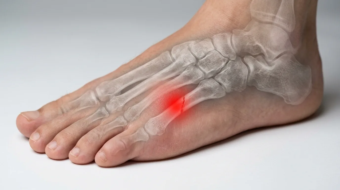 Douleur localisée sur le métatarse typique d'une fracture de fatigue du pied