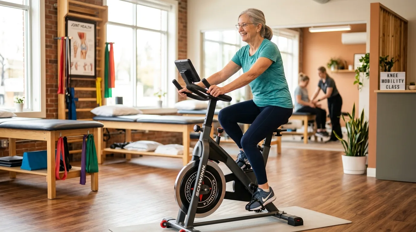 Personne faisant du vélo d'appartement pour la rééducation de la gonarthrose