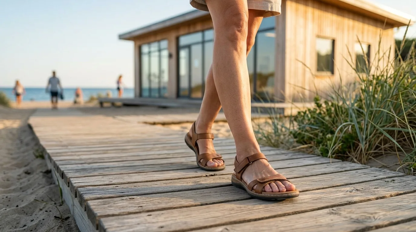 Personne portant des sandales confortablement après traitement de l'hallux valgus
