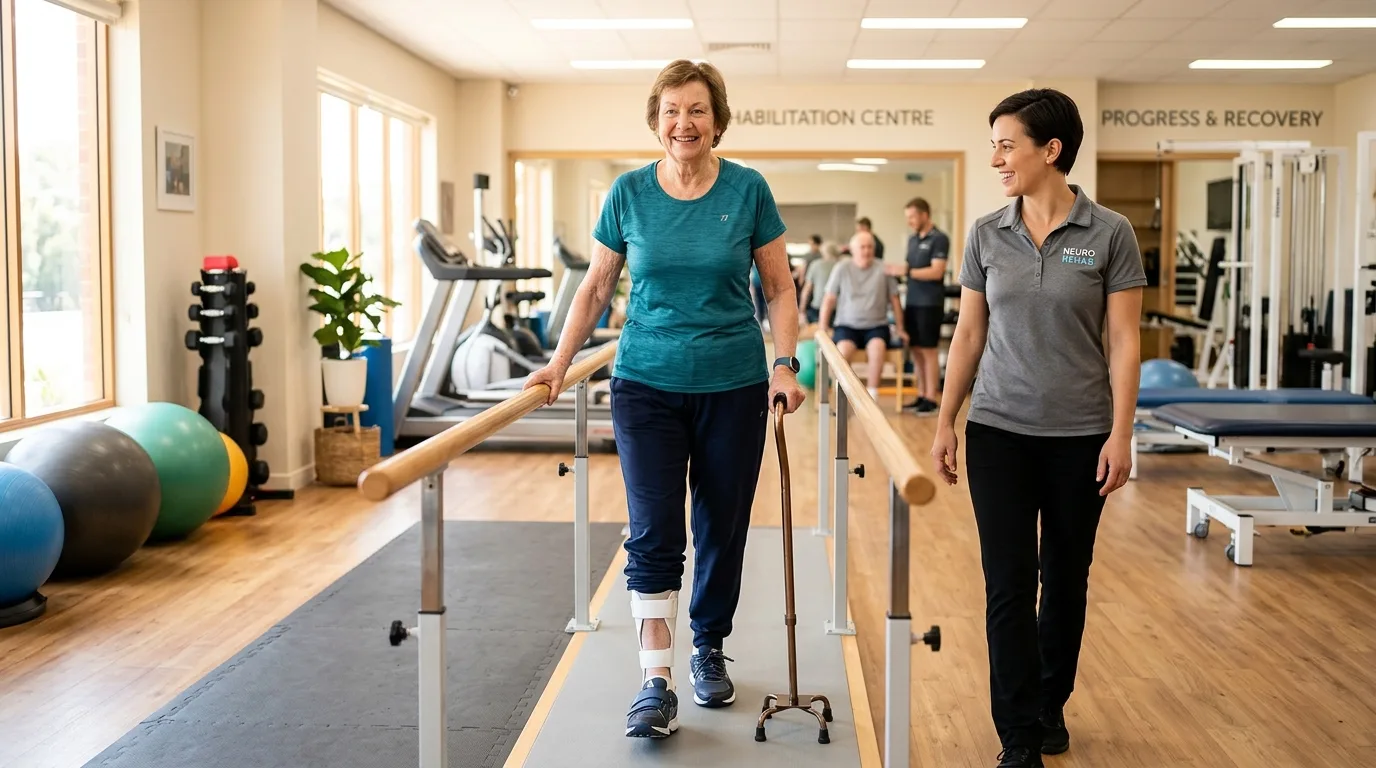Patient hémiplégique remarche avec aide après rééducation post-AVC