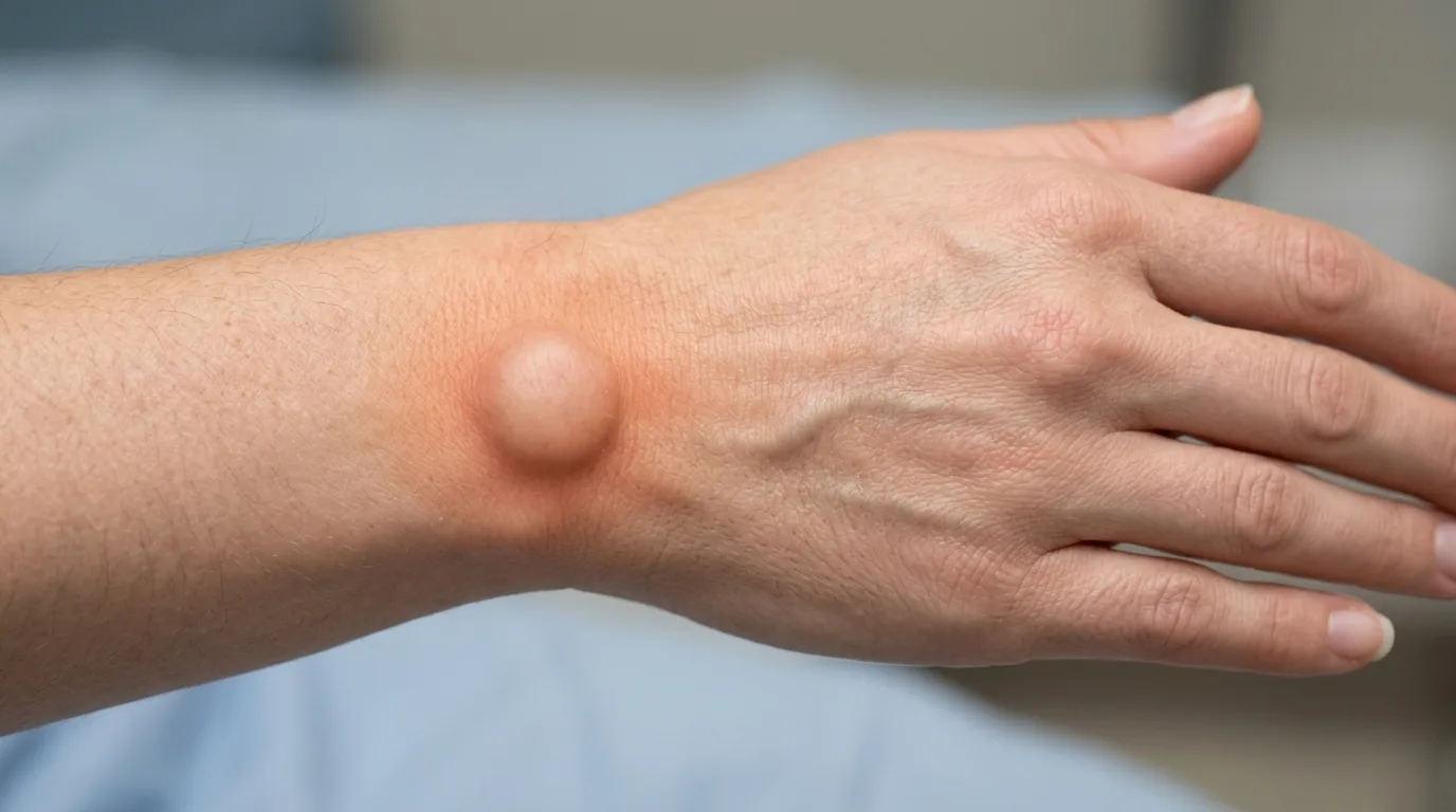Bosse visible sur le dos du poignet causée par un kyste synovial