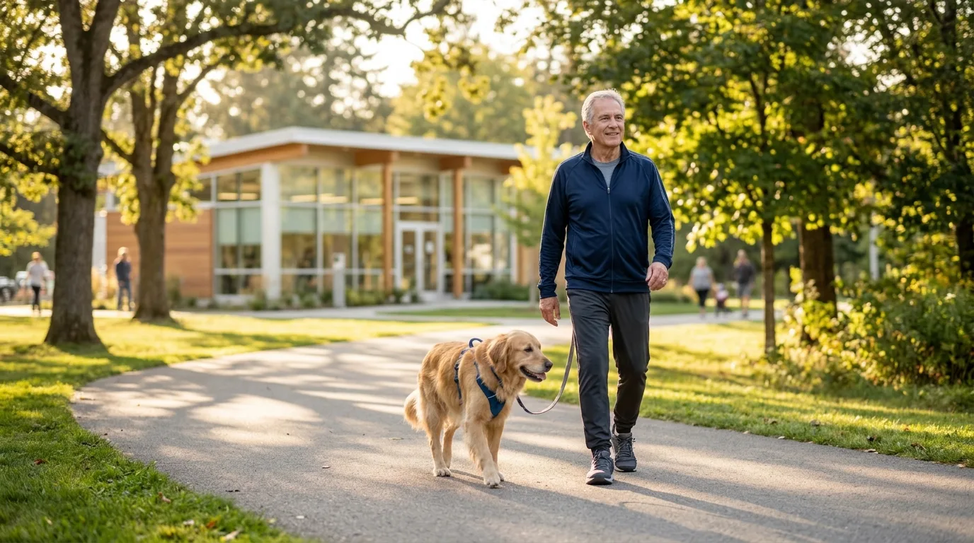 Personne promenant son chien confortablement après laminectomie lombaire