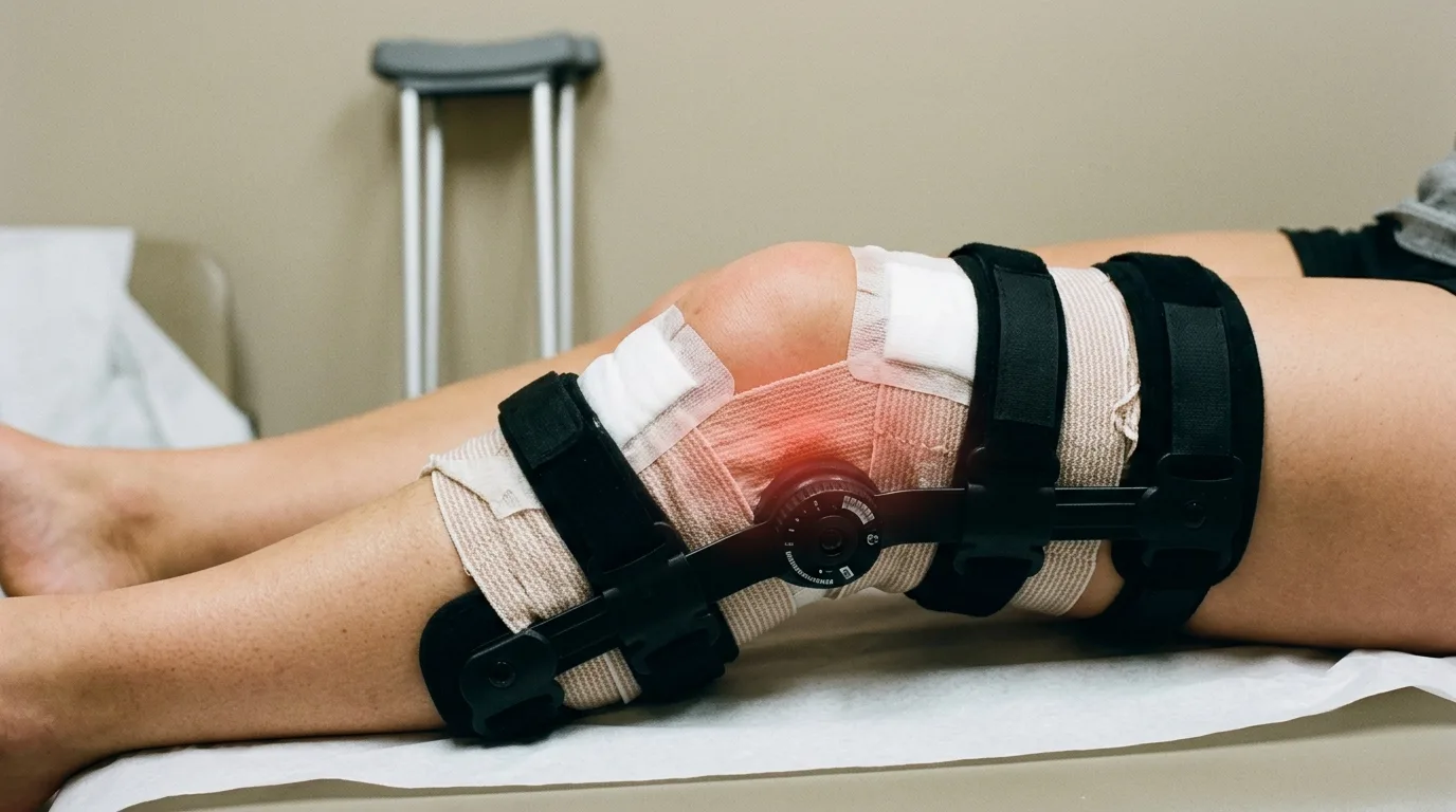 Genou gonflé avec attelle après ligamentoplastie du ligament croisé antérieur