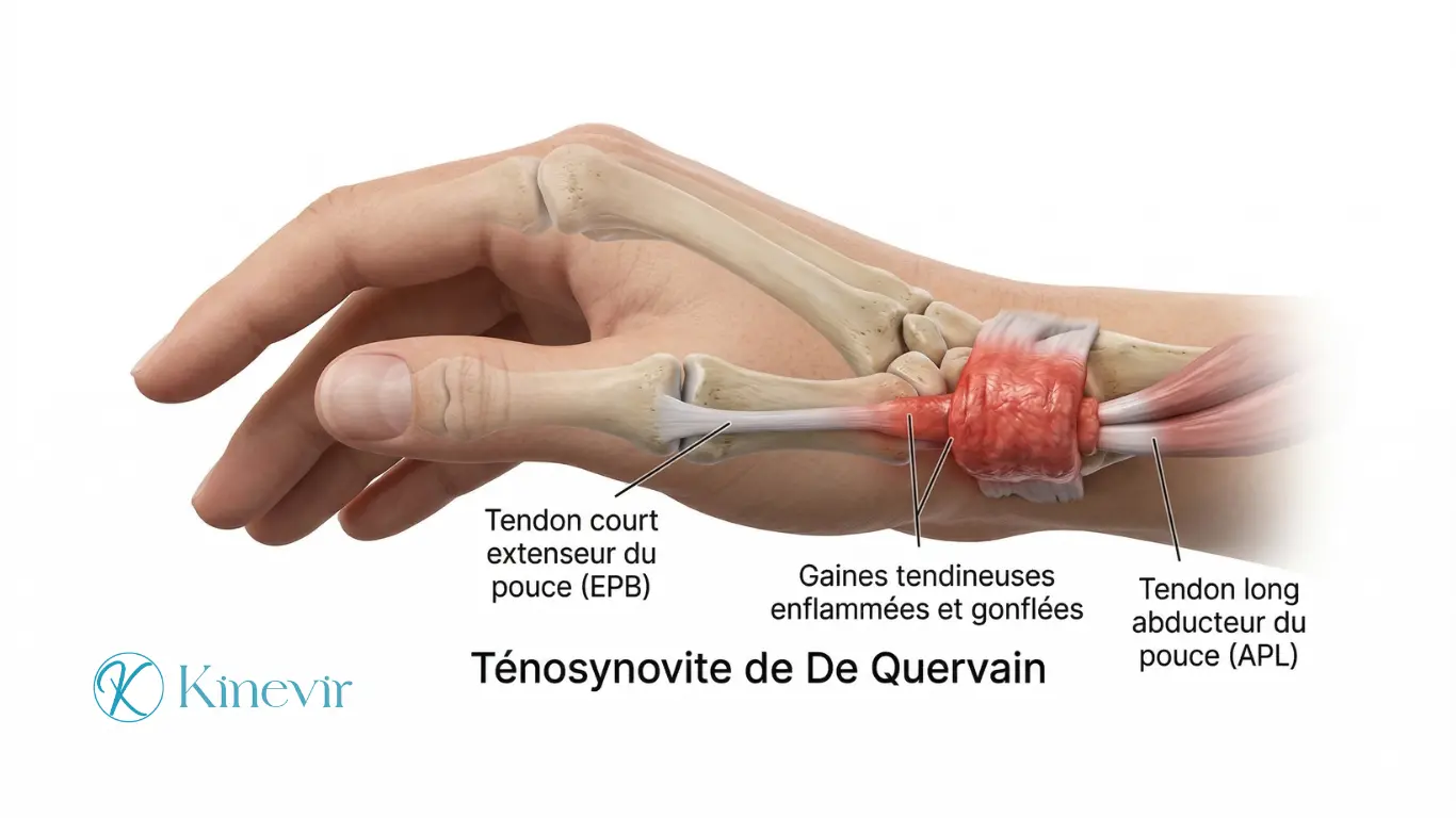 Illustration anatomique 3D des tendons du pouce enflammés dans la maladie de De Quervain