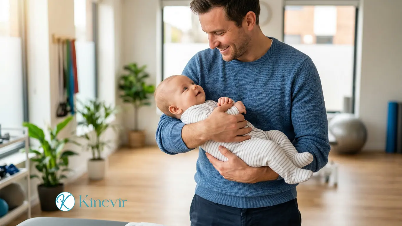 Parent portant son bébé sans douleur au poignet après traitement de la maladie de De Quervain