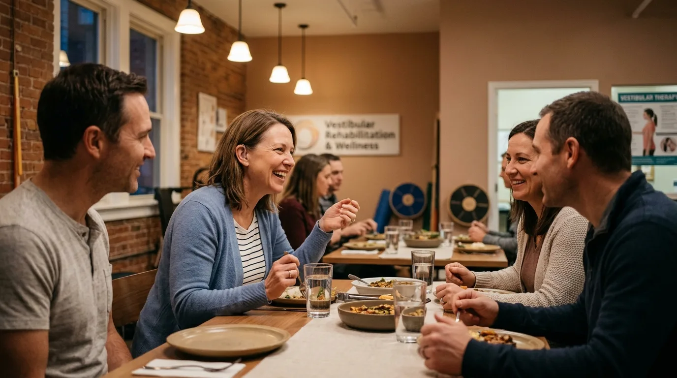 Personne profitant d'un dîner entre amis avec maladie de Ménière bien gérée