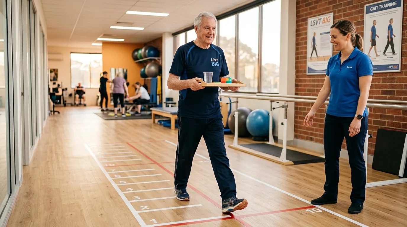 Exercice de marche à grands pas (LSVT BIG) pour la rééducation de la maladie de Parkinson