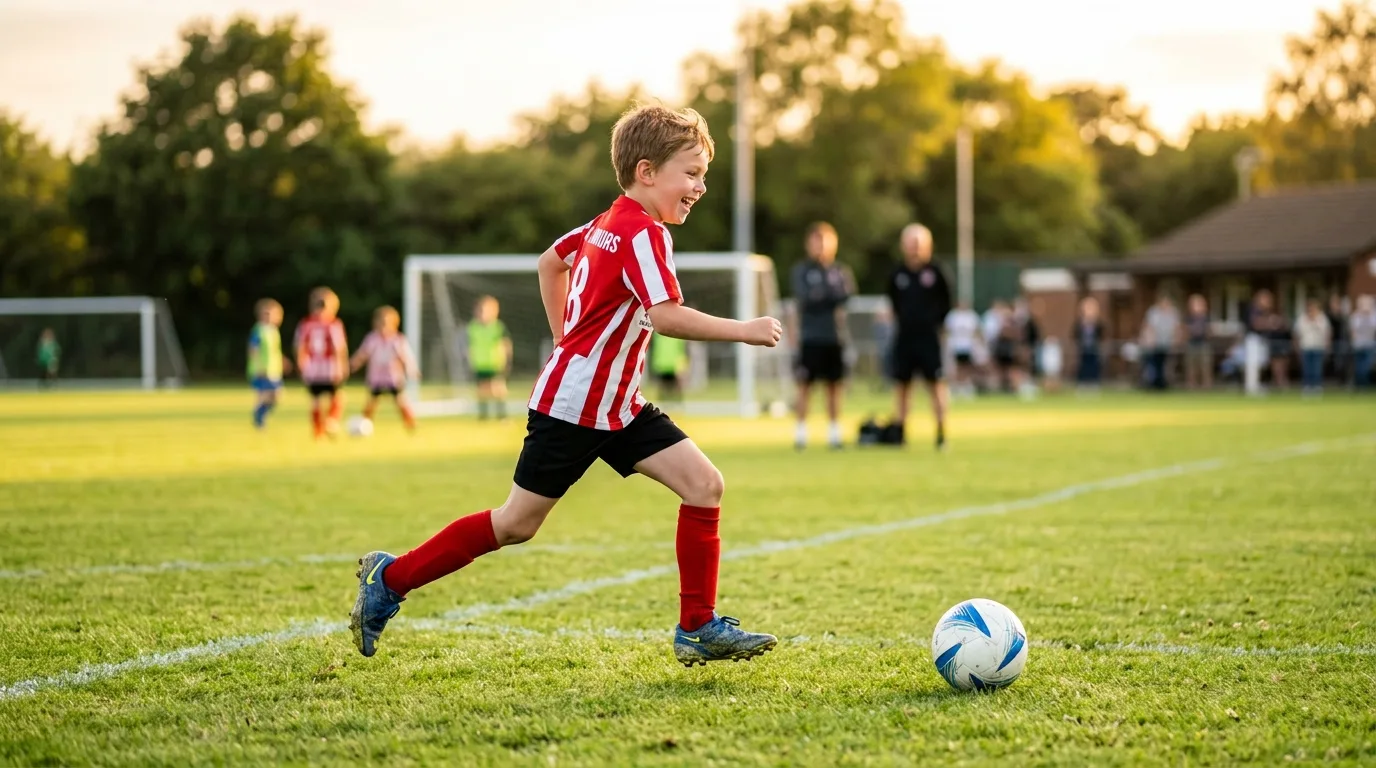 Enfant reprenant le football sans douleur au talon après traitement de la maladie de Sever