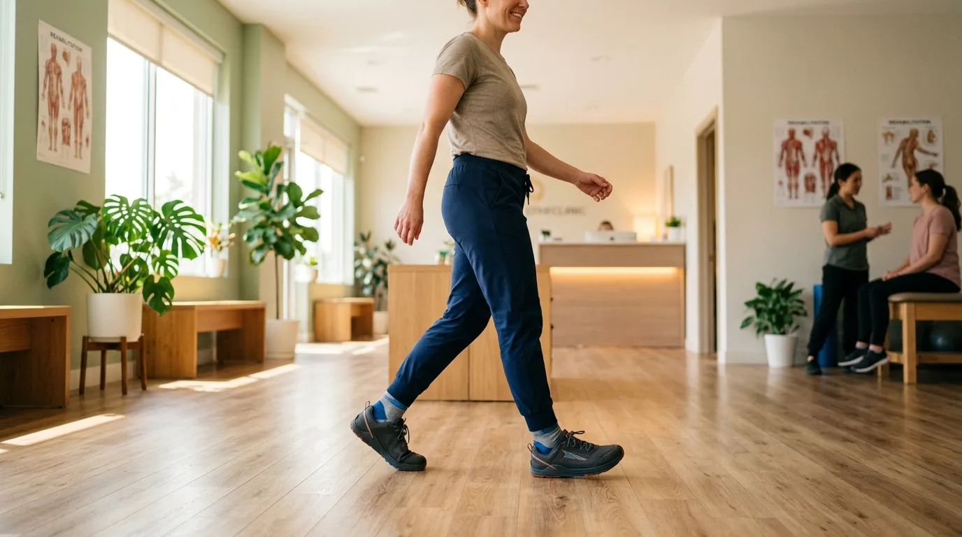 Personne marchant confortablement avec des chaussures adaptées après traitement du névrome de Morton