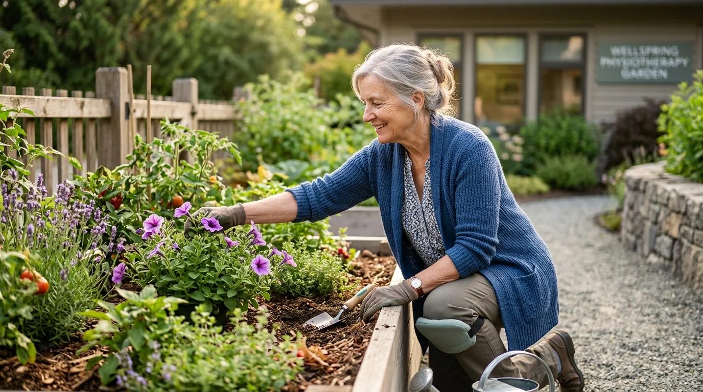 Personne âgée jardinant confortablement après traitement de l'omarthrose