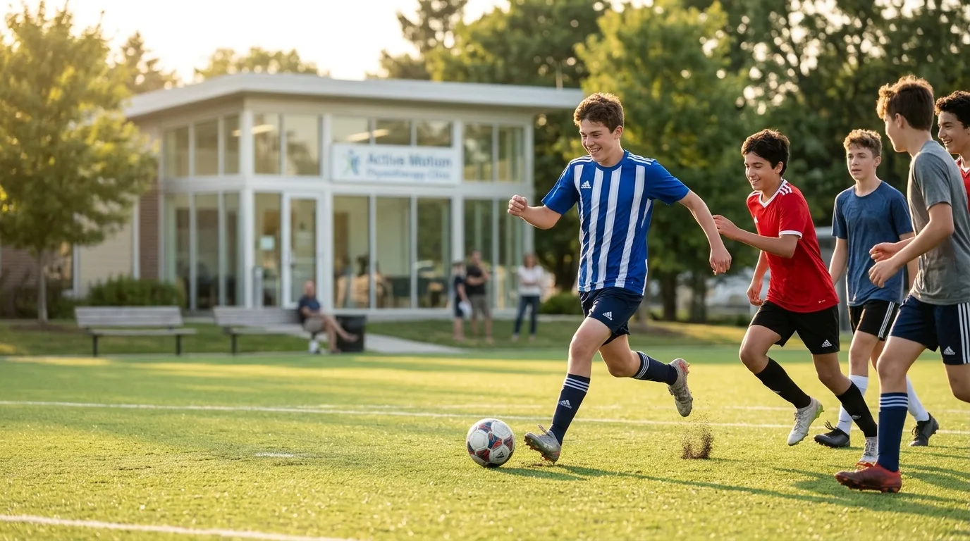 Adolescent jouant au football sans douleur après guérison de la maladie d'Osgood-Schlatter