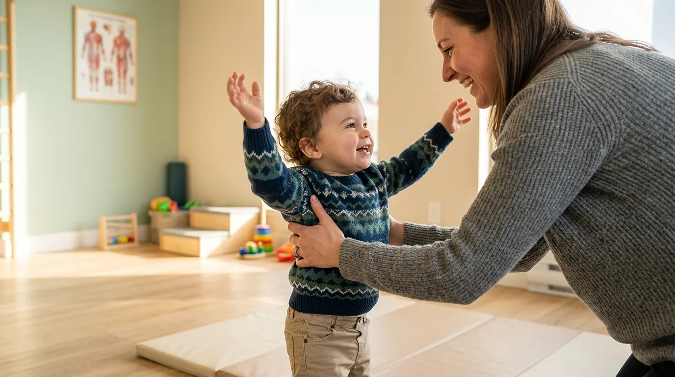 Bébé levant les deux bras symétriquement après rééducation du plexus brachial