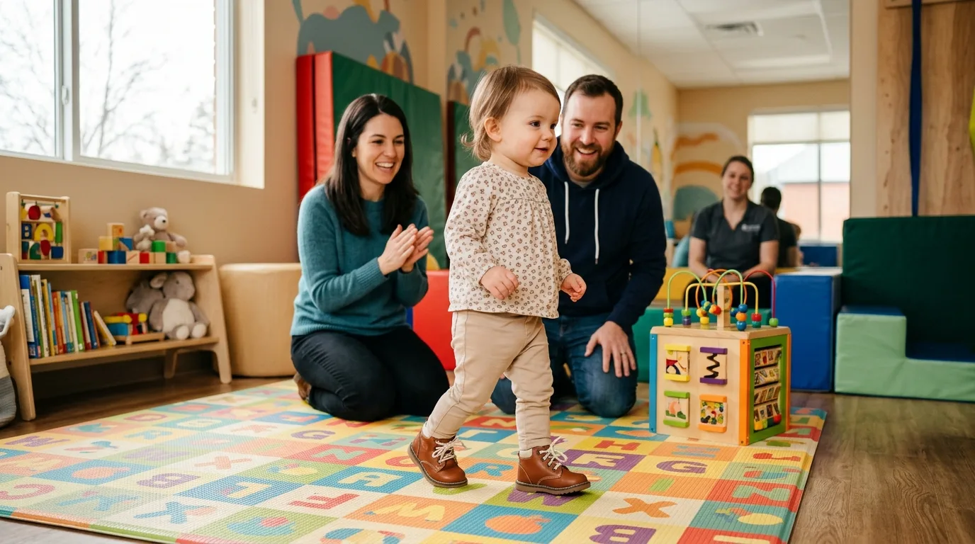 Enfant faisant ses premiers pas avec pieds corrigés après traitement du pied bot