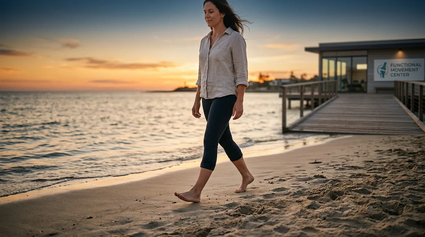 Personne marchant pieds nus sur la plage après prothèse de cheville