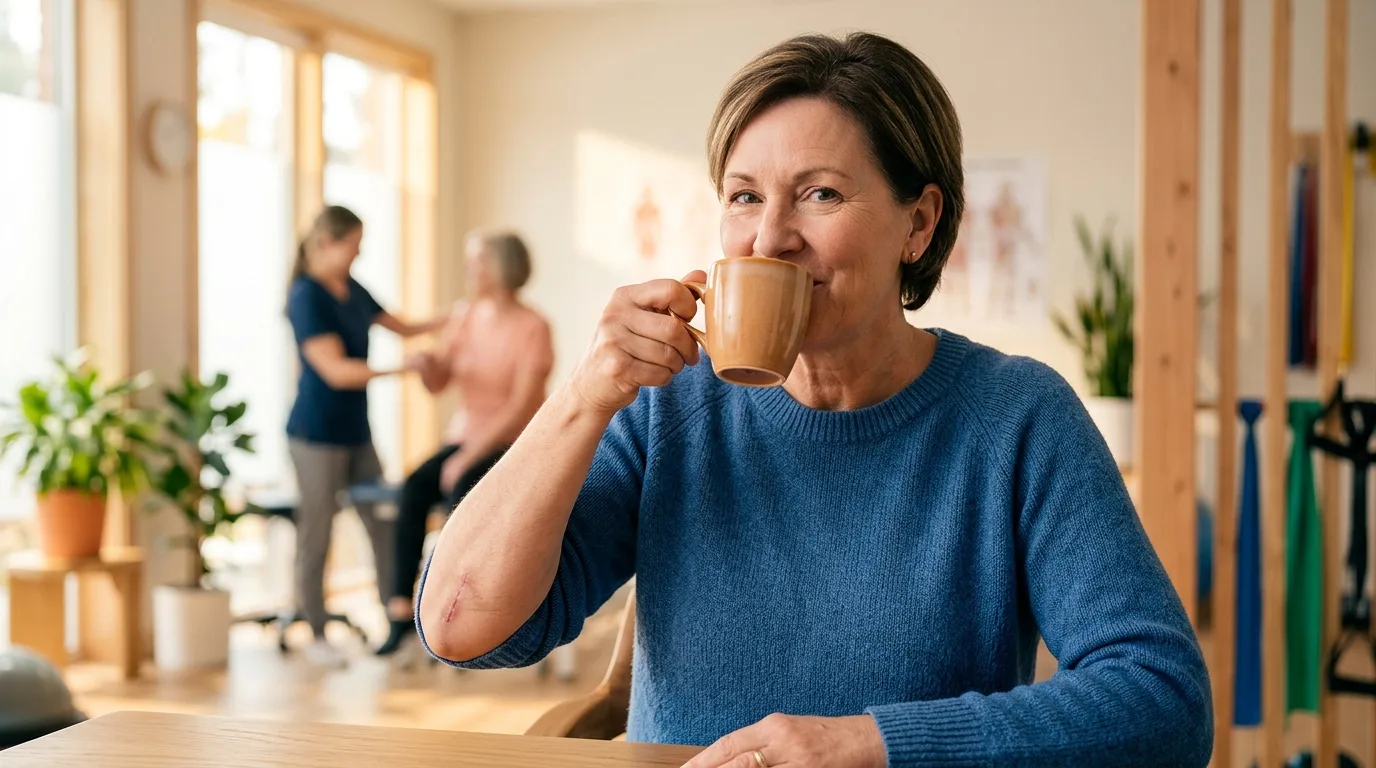 Personne buvant son café confortablement après prothèse du coude