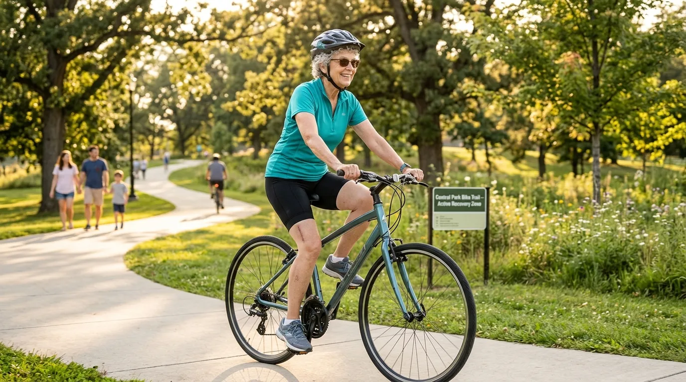 Personne âgée faisant du vélo confortablement après prothèse totale de hanche