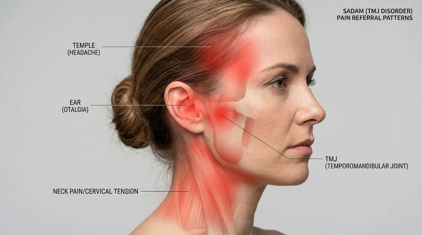 Douleurs multiples de la mâchoire irradiant vers l'oreille et la tempe dans le SADAM