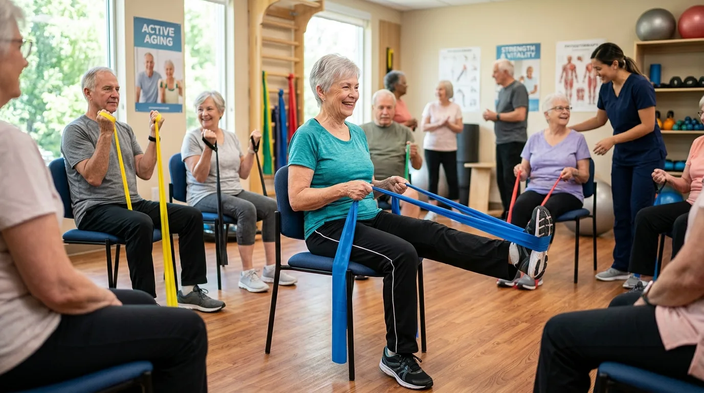 Personne âgée faisant des exercices de renforcement musculaire contre la sarcopénie