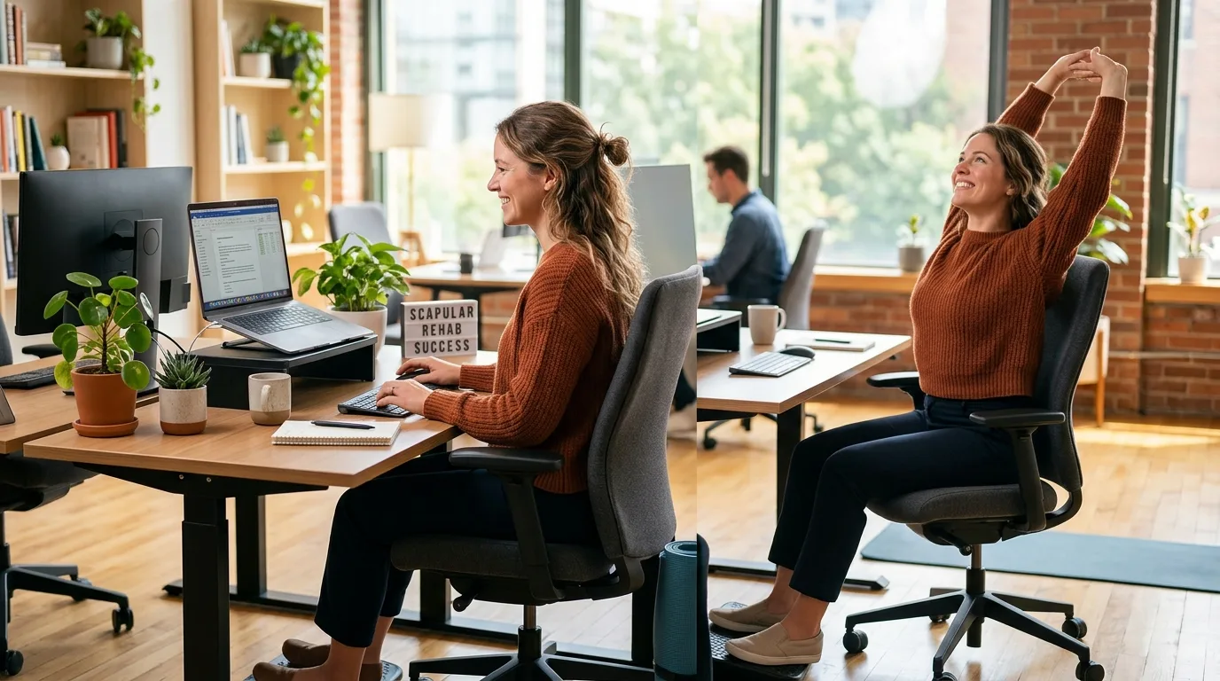 Posture détendue au bureau sans douleur d'omoplate après rééducation d'une scapulalgie