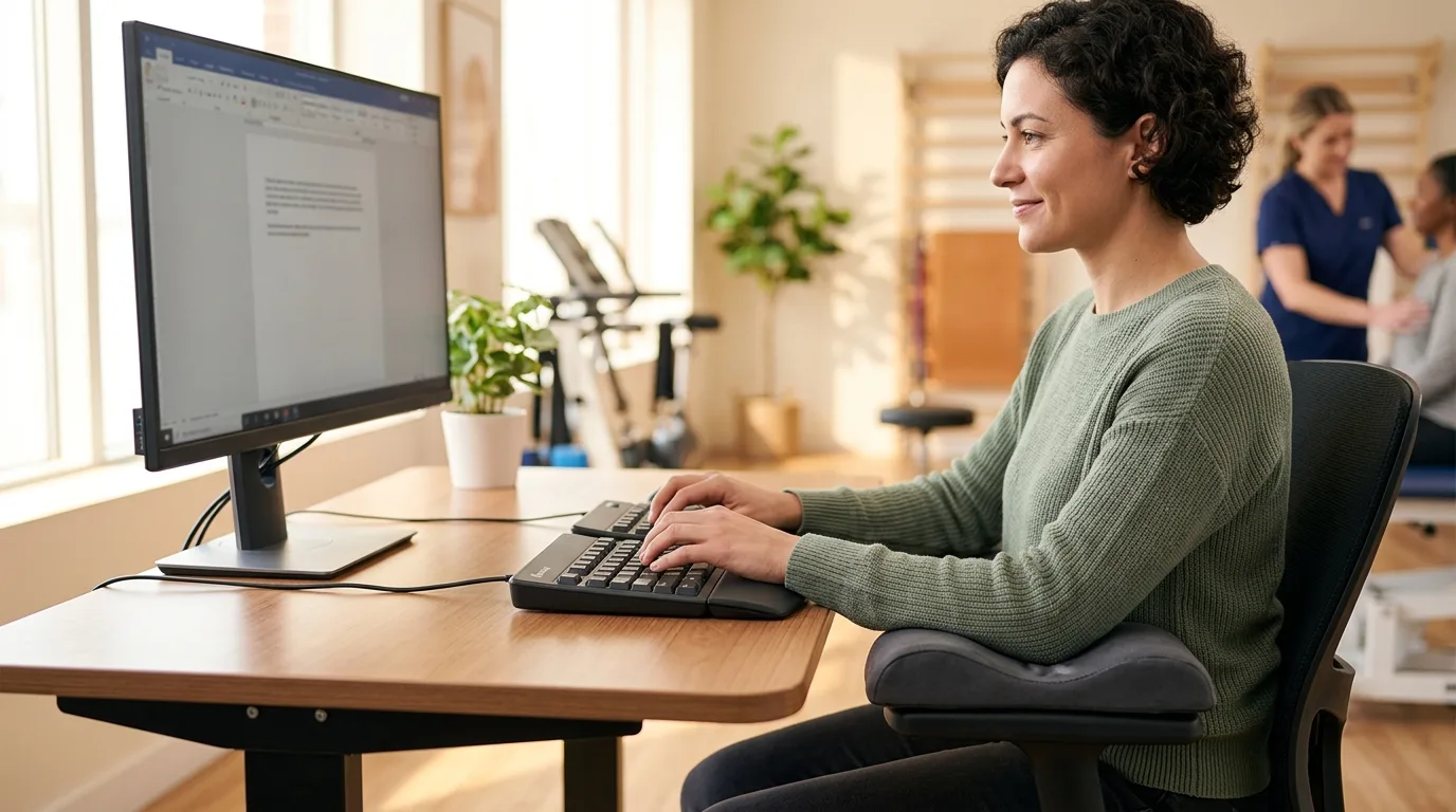 Personne tapant au clavier sans fourmillements après traitement du syndrome du canal ulnaire