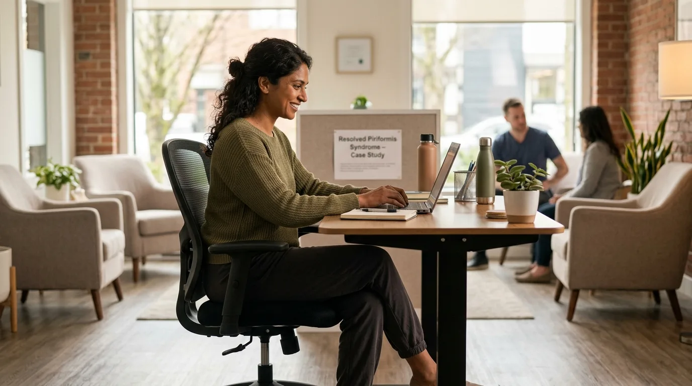 Personne assise confortablement sans douleur après traitement du syndrome du piriforme