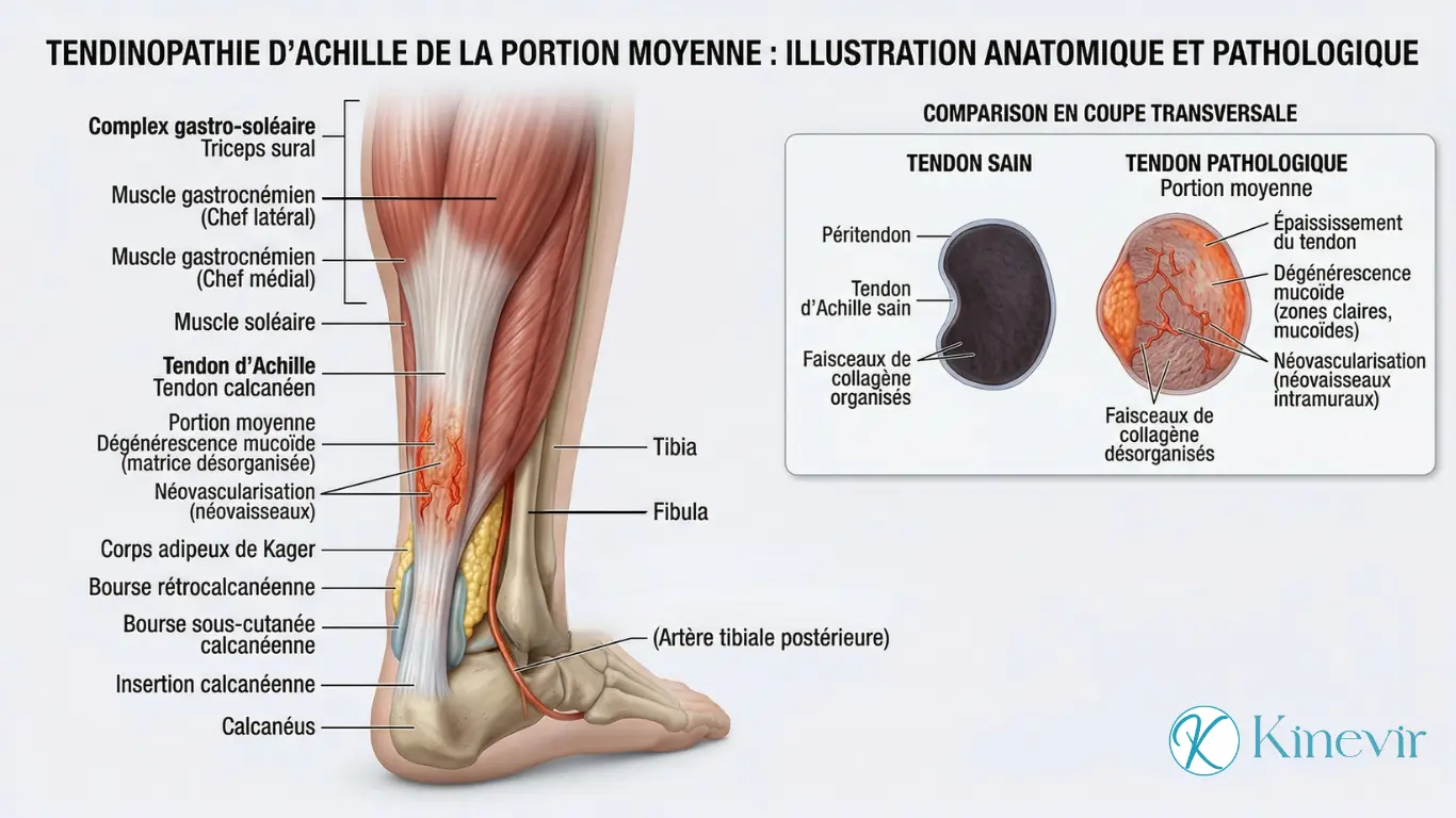 Illustration anatomique 3D du tendon d'Achille dégénéré avec néovascularisation