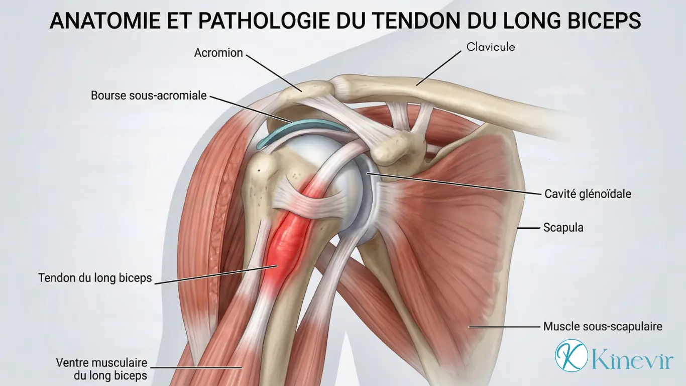 Illustration anatomique 3D du tendon du long biceps abimé dans la gouttière bicipitale