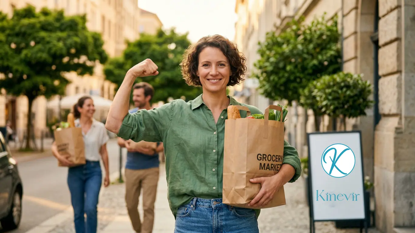 Personne portant des sacs sans douleur après traitement de la tendinopathie du biceps