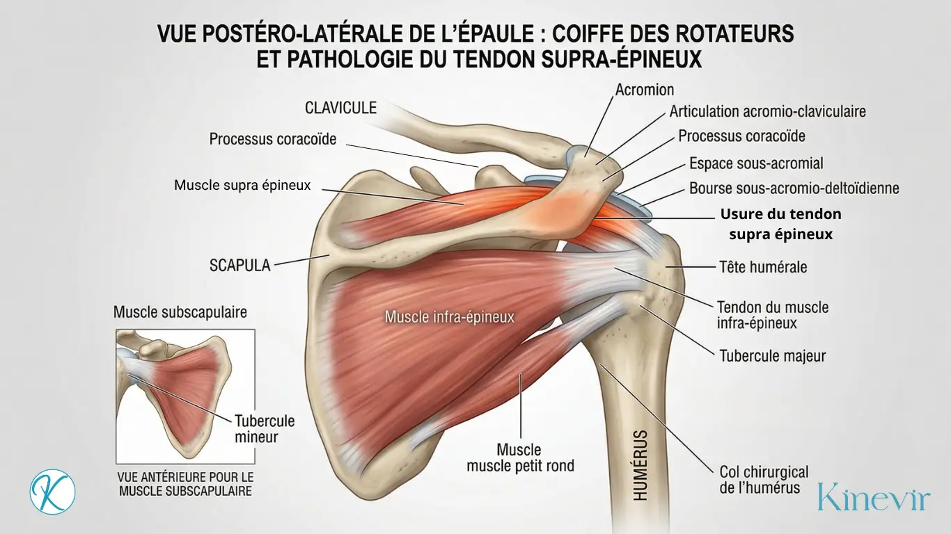 Illustration anatomique 3D de la coiffe des rotateurs montrant les tendons enflammés de l'épaule