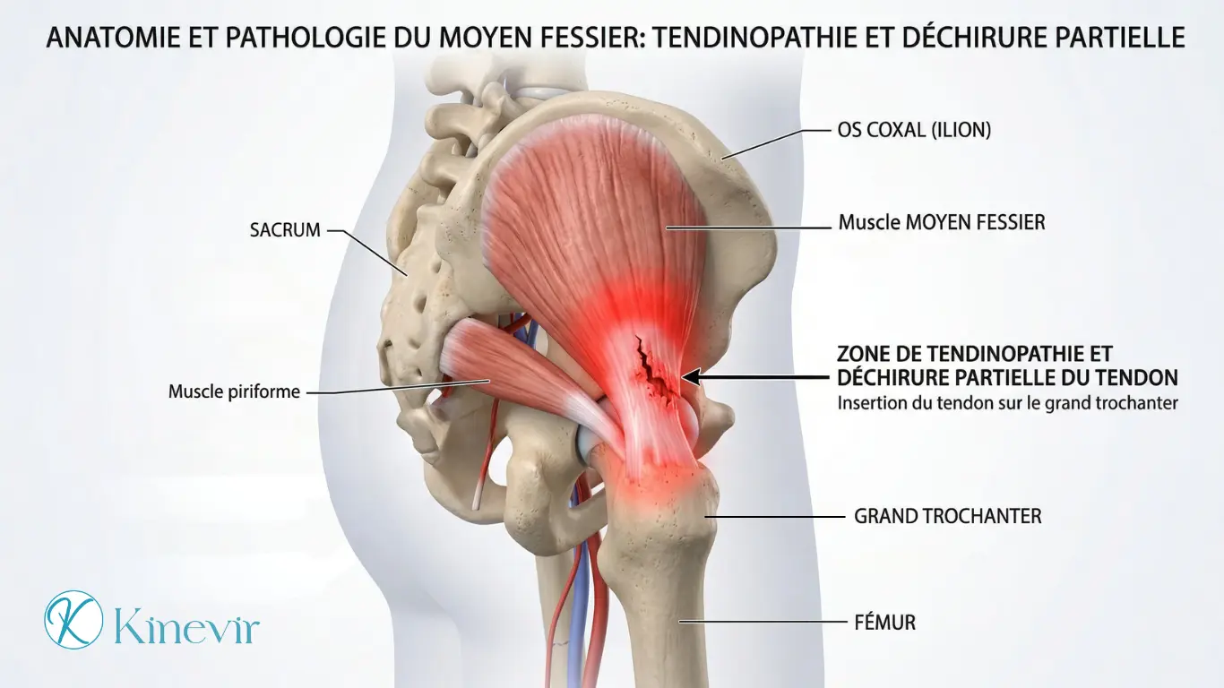 Illustration anatomique 3D du tendon du moyen fessier abimé sur le grand trochanter