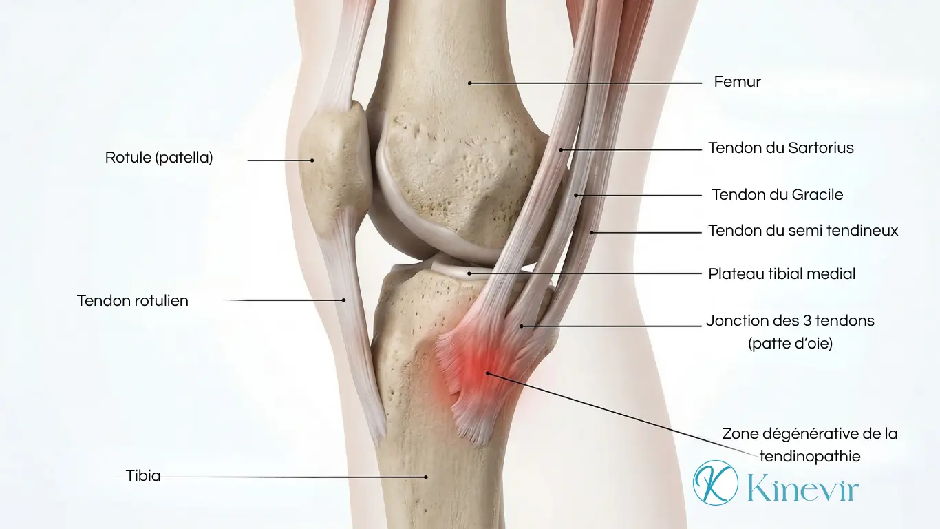 Illustration anatomique 3D des tendons de la patte d'oie enflammés sur la face interne du genou