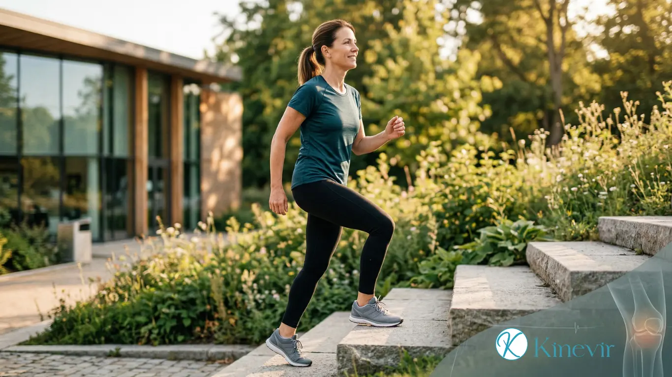 Personne montant les escaliers sans douleur après traitement de la patte d'oie
