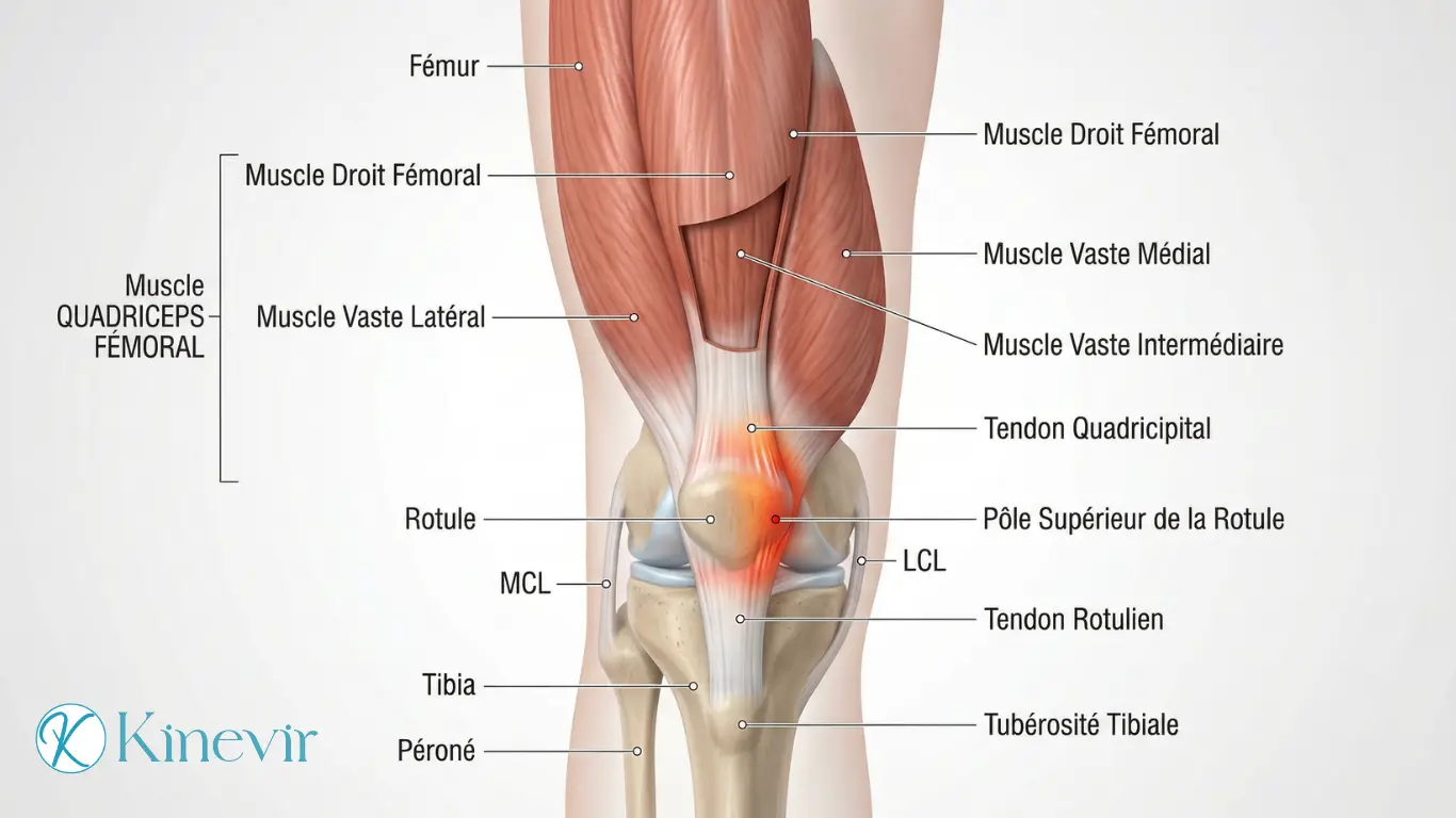 Illustration anatomique 3D du tendon quadricipital abimé au-dessus de la rotule