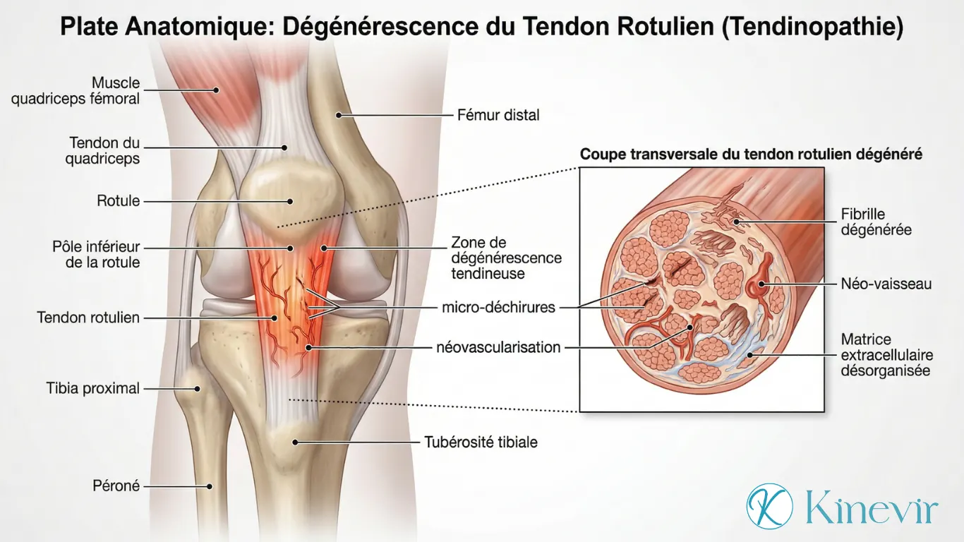 Illustration anatomique 3D du tendon rotulien enflammé dans la tendinopathie rotulienne